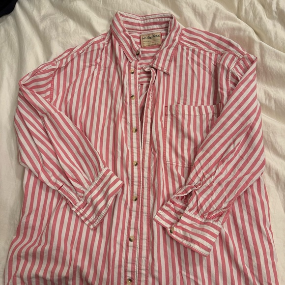 Free People Oversized Coral Pink & White Striped Button Up Shirt - Picture 2 of 7